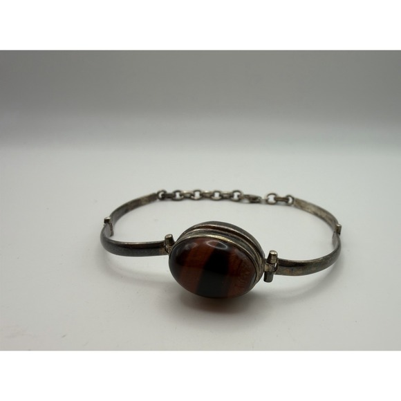 Vintage Sterling Silver Tiger's Eye Oval Cabochon Hinged Bangle Chain Bracelet - Picture 3 of 12